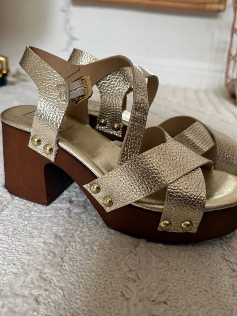 Gold Leather Platform Sandals with Wood Block Heel